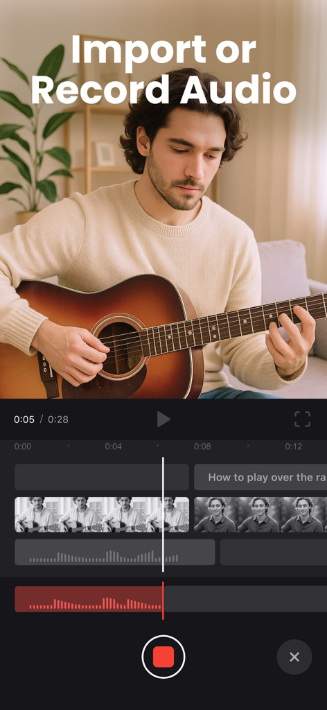 Clideo — Video Editor - Un hombre tocando la guitarra mientras graba audio en la línea de tiempo multipista del editor de video Clideo