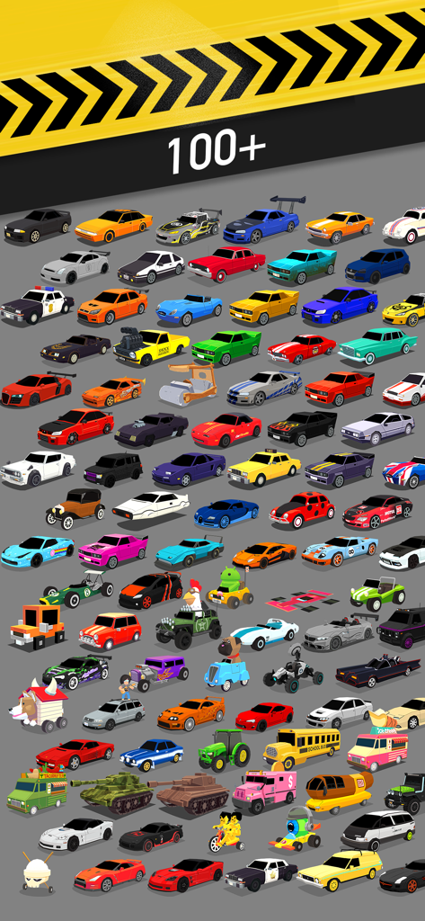 A massive collection of over 100 unlockable low-poly vehicles from Thumb Drift Furious Racing