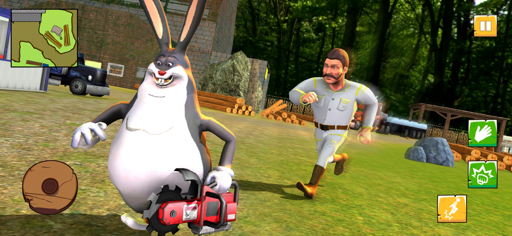 Big Chungus character holding a chainsaw while being chased by a man in a forest factory environment