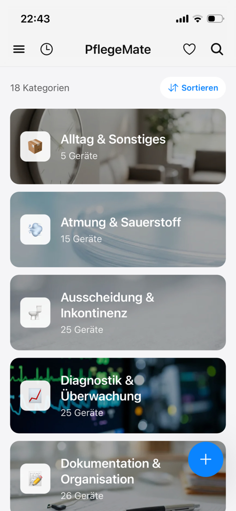 Lista categorizada de términos médicos y de enfermería en alemán en la aplicación PflegeMate