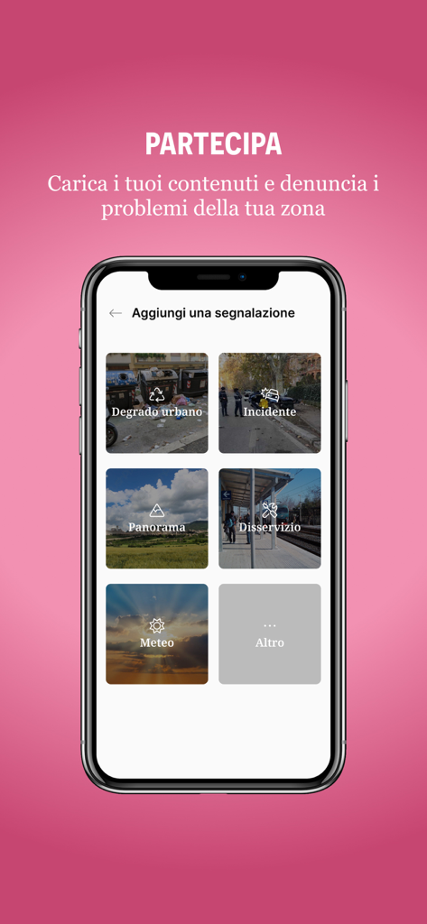 PalermoToday mobile app interface for submitting community reports like urban decay and accidents