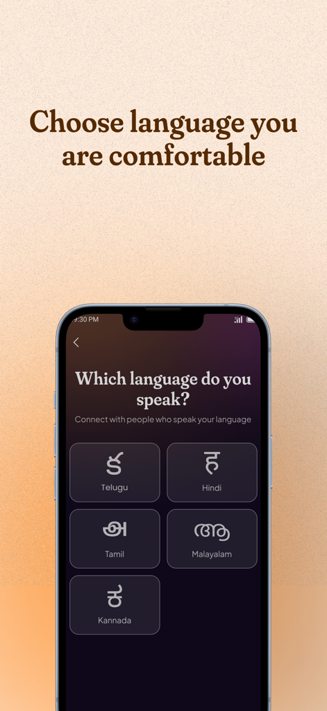 Eaze App: Talk & Feel better - リスナーと接続するための好みの言語を選択するためのEazeアプリインターフェイス。