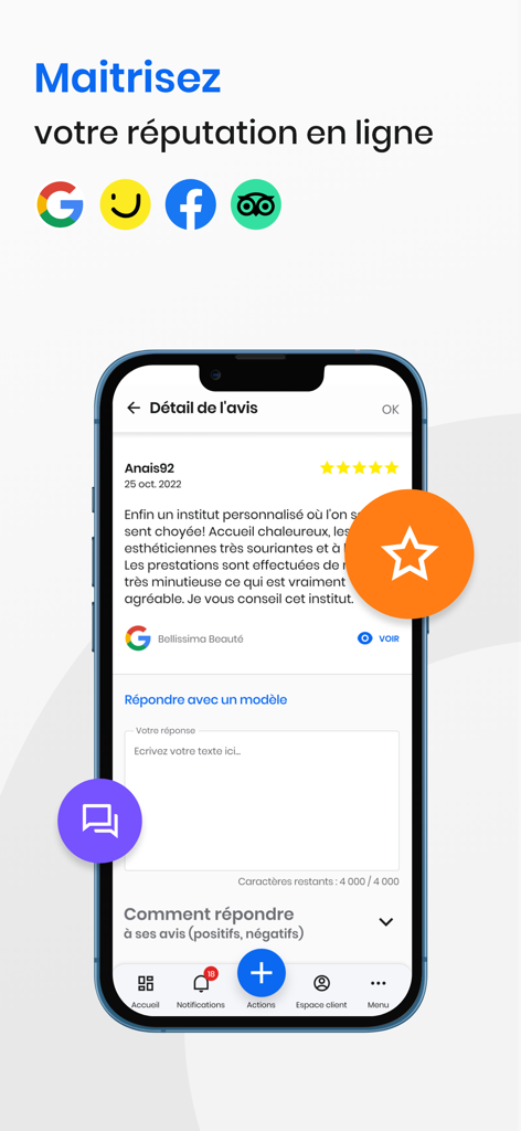 Solocal Manager - A smartphone screen displaying the Solocal Manager app interface for managing and responding to customer reviews from platforms like Google and Facebook.