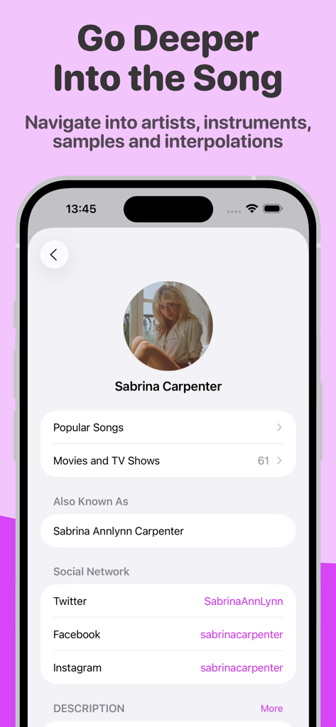 MusicSmart - Liner Notes - Detailed artist profile in the MusicSmart app displaying social media links and song credits