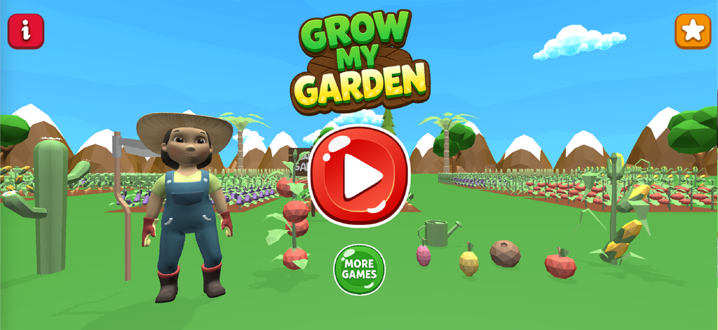 Grow My Garden + - Menú principal de Grow My Garden Plus con un personaje jardinero femenino de pie en una granja 3D de baja poligonización con varios cultivos.