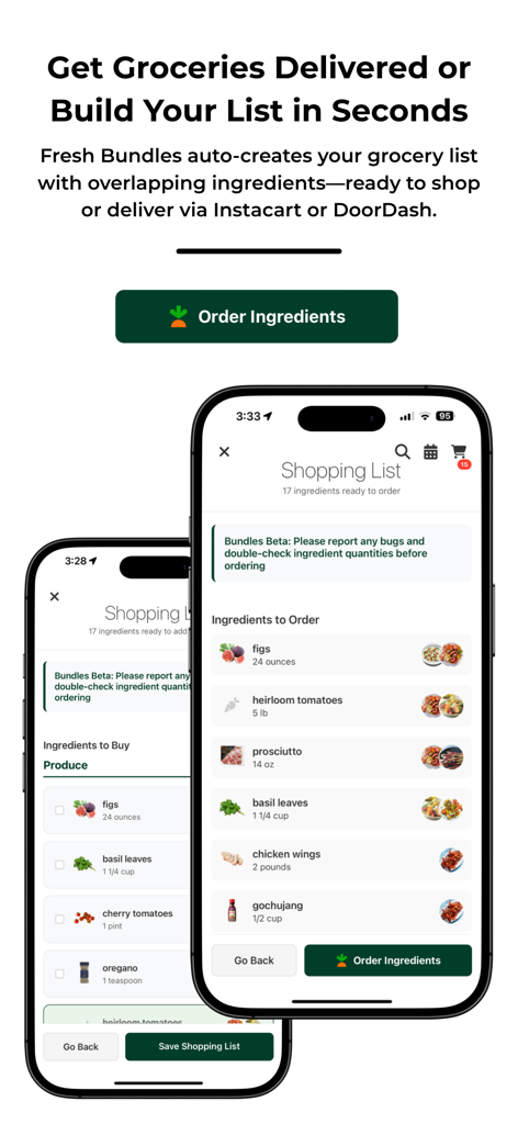 Fresh: Your Personal Chef - Interfaz de la lista de compras de la aplicación Fresh que muestra ingredientes y un botón de entrega de pedido.