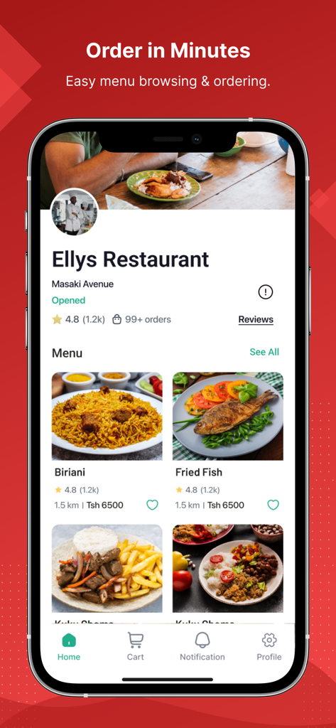 Sasa Food - Mobile interface of Sasa Food app showing a local restaurant menu with food photos