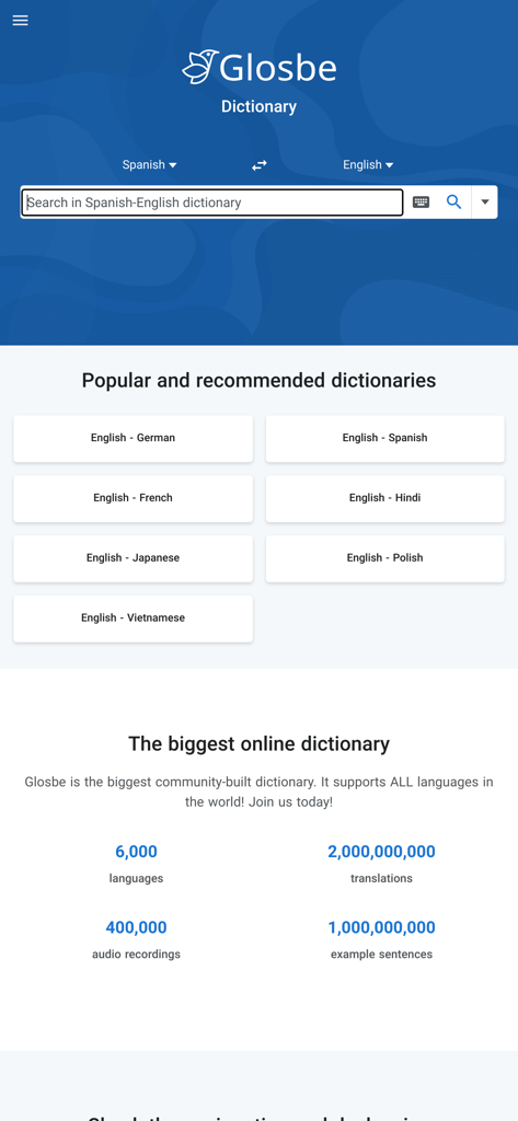 Glosbe Dictionary - Interface of the Glosbe Dictionary app showing a search bar for Spanish to English and a list of popular language dictionaries.
