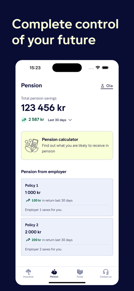 Gjensidige - Übersichtsbildschirm der Gjensidige-App für die Altersvorsorge, der Renteneinsparungen und eines Rentenrechners anzeigt.