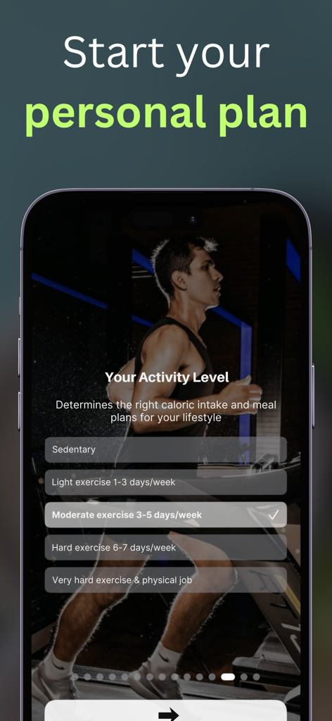 Food Calorie Tracker AI: Foodr - Foodr app onboarding screen for selecting activity level to start a personal plan