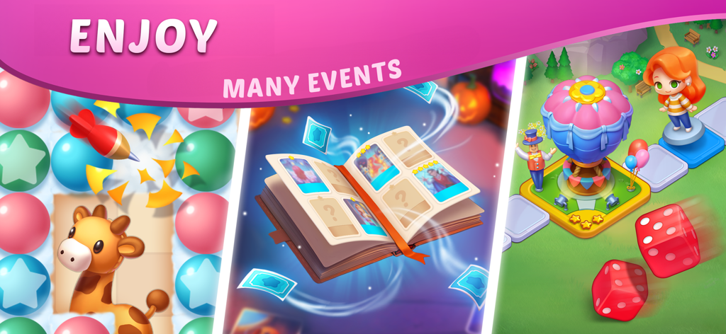 DesignVille: Merge & Design - 퍼즐 보드, 카드 앨범, 보드 게임 레벨을 포함한 DesignVille의 다양한 인게임 이벤트 콜라주