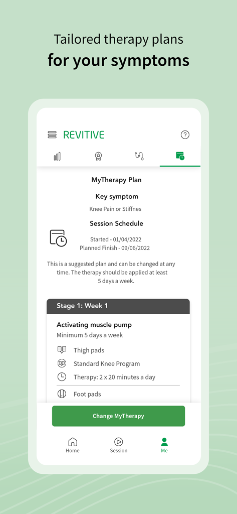 Revitive - Revitive mobile app interface displaying a personalized therapy plan for knee pain and stiffness symptoms