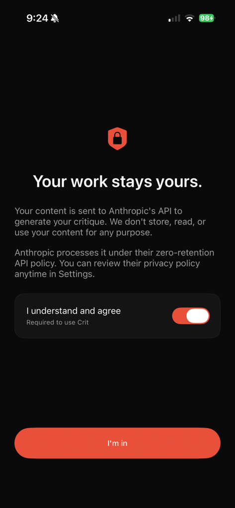 Crit: AI Design Advisor - Tela de privacidade do Crit AI Design Advisor mostrando a política de retenção zero e o acordo de segurança de dados.