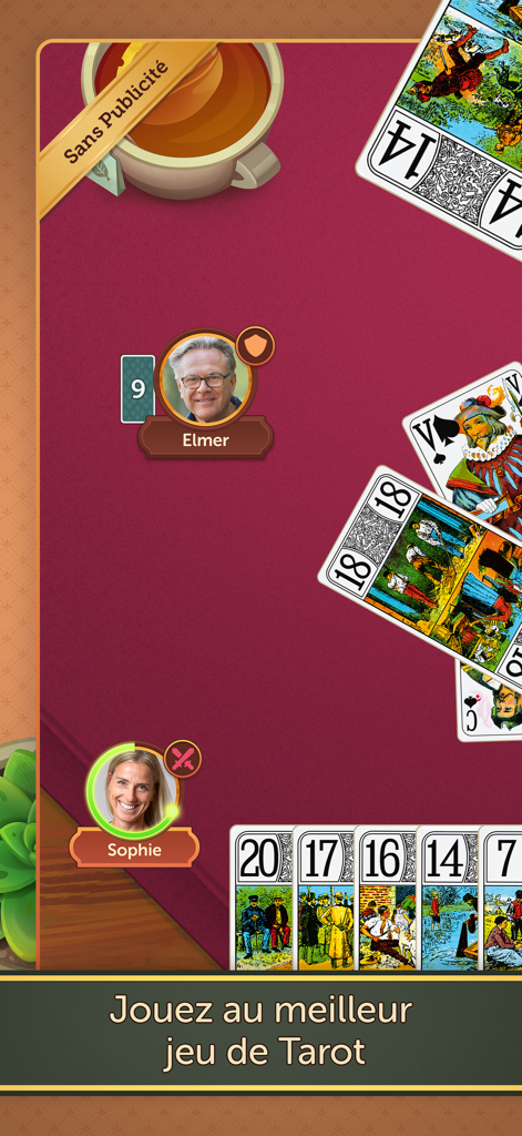 Tarot - Fun & Friends - Multiplayer-Oberfläche des französischen Tarot-Kartenspiels, die echte Spieler und traditionelles 78-Karten-Gameplay zeigt