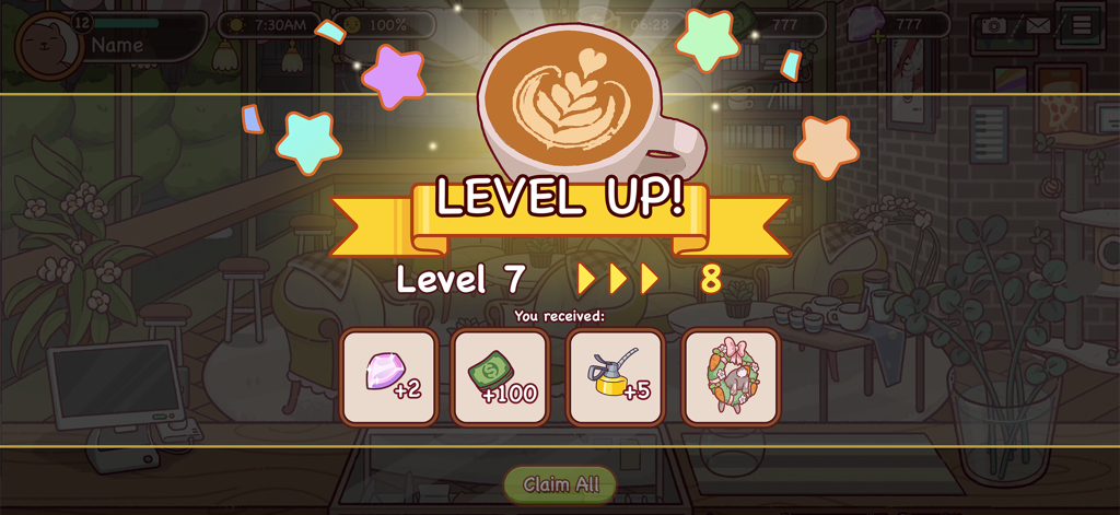 Level up screen in Good Coffee Great Coffee showing rewards like gems and cash