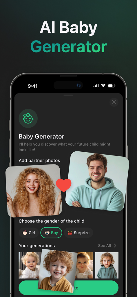 AI Master: Smart Assistant - AI Masterアプリのインターフェース。AI Baby Generator機能を表示し、ユーザーがパートナーの写真をアップロードして将来の子供の外見を予測できる。
