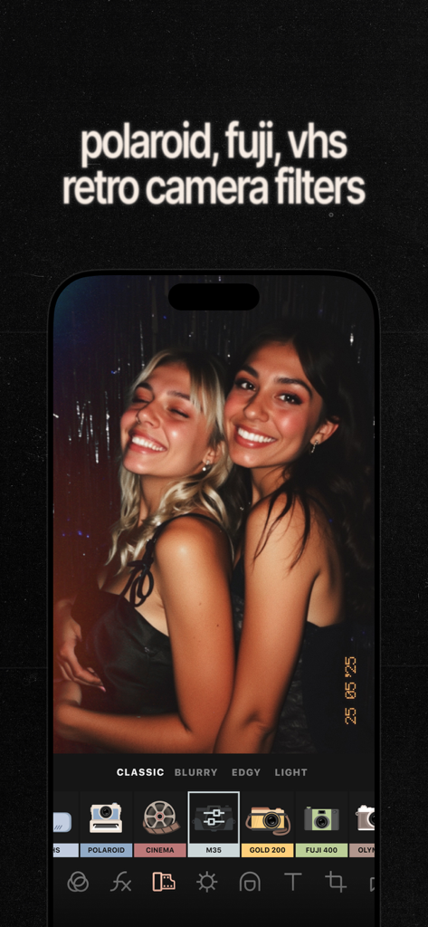 Esti app screen showing retro camera filters and film effects applied to a photo