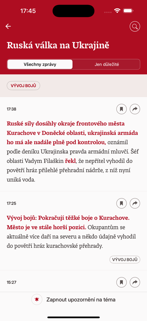Minuta N mobile app news feed showing news updates in Czech