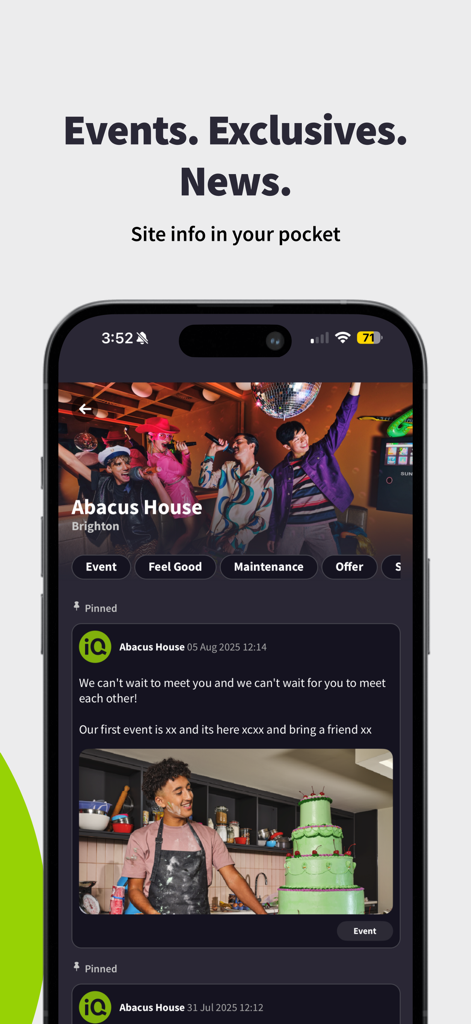 iQ Student Accommodation - iQ Student Accommodation app interface showing the events and news feed for residents
