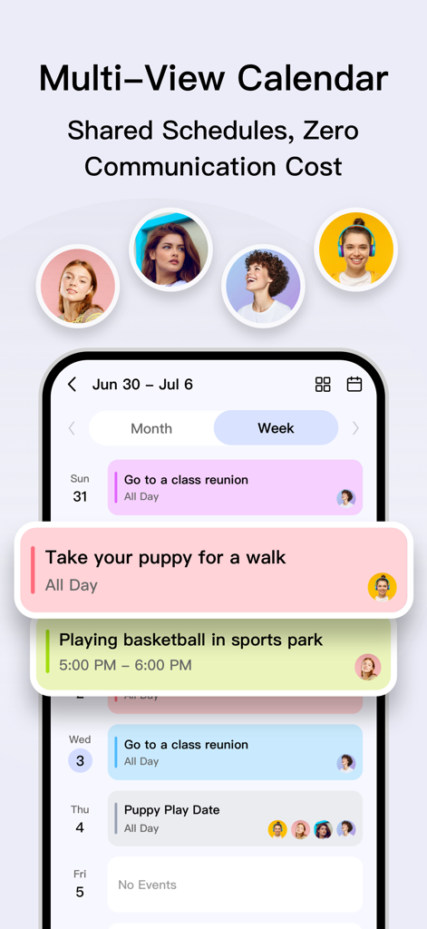 eCalendar app interface displaying a multi-view calendar with shared schedules and personalized avatars