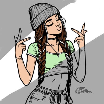 realistic teenage girl with braids and a beanie and crop top doing 🫶🏼