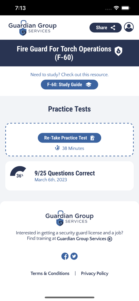 FireGuard for Torch Ops F60 - Panel de exámenes de práctica para la aplicación de preparación del examen FireGuard F60 mostrando una puntuación anterior del 36 por ciento