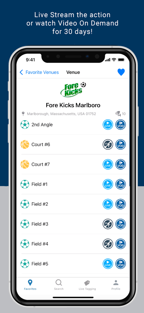 LiveBarn app screen showing live and on-demand video options for multiple sports fields and courts at a venue.