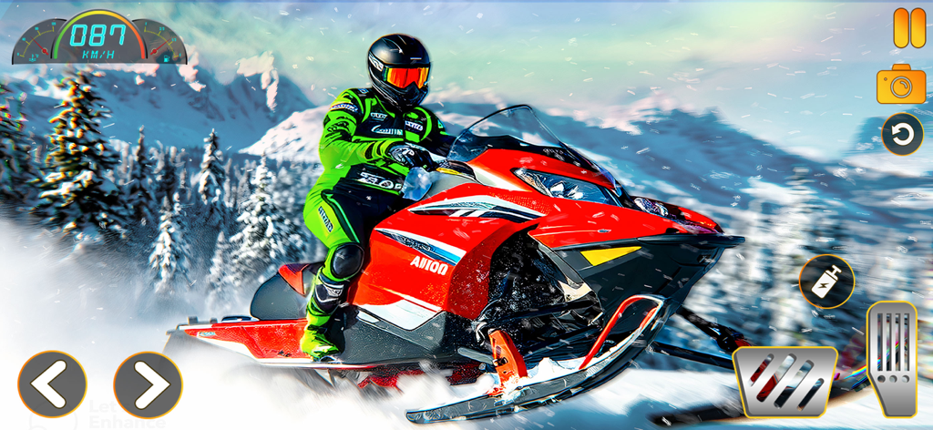 Extreme Snowmobile Racing Rush - A racer in a green suit driving a red snowmobile through a snowy mountain landscape with game UI controls