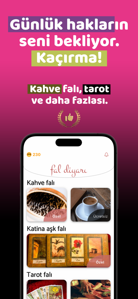 Fal Diyarı - Kahve Falı - Écran d'accueil de l'application mobile Fal Diyari présentant la divination par le café turc, les lectures amoureuses de Katina et les cartes de tarot.