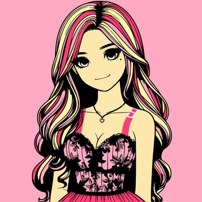 realistic girl with long hair and pretty prom dress