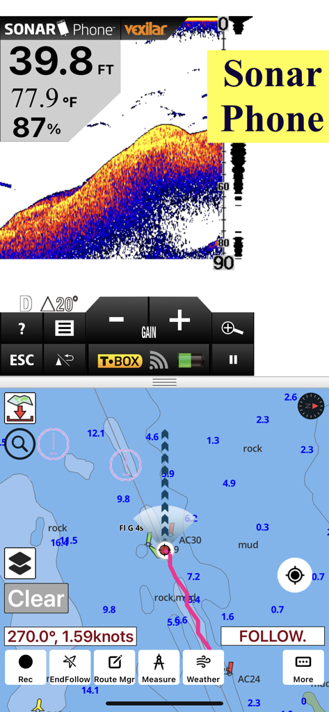 Split screen view of the i-Boating app showing Vexilar sonar phone data and a nautical navigation map