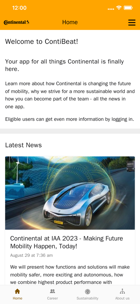 ContiBeat - Pantalla de inicio de la aplicación ContiBeat que muestra las últimas noticias sobre innovaciones de movilidad y sostenibilidad.