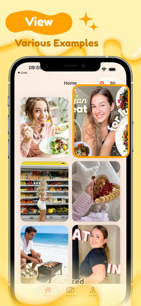 Bubbi - - A visual gallery within the Bubbi app showing various food and lifestyle photo examples for AI nutrition tracking