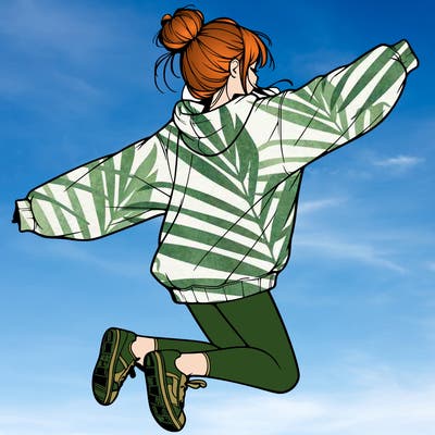 realistic girl jumping with a bun and oversized sweatshirt