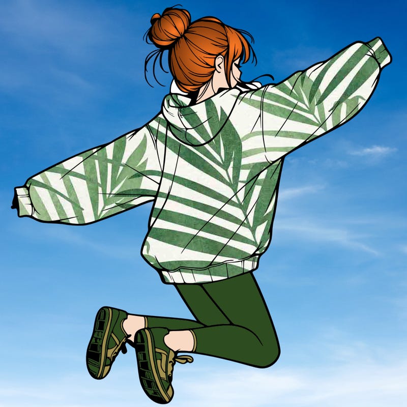 realistic girl jumping with a bun and oversized sweatshirt