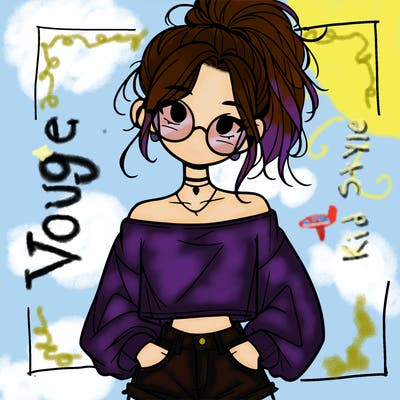 girl with a messy ponytail glasses a baggy crop top and jean shorts