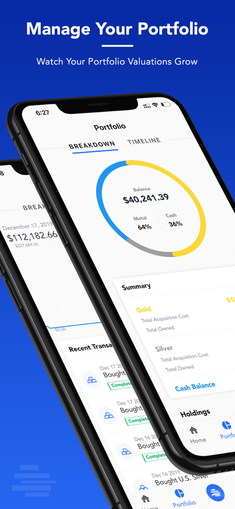 OneGold mobile app portfolio dashboard showing investment balance and asset allocation.