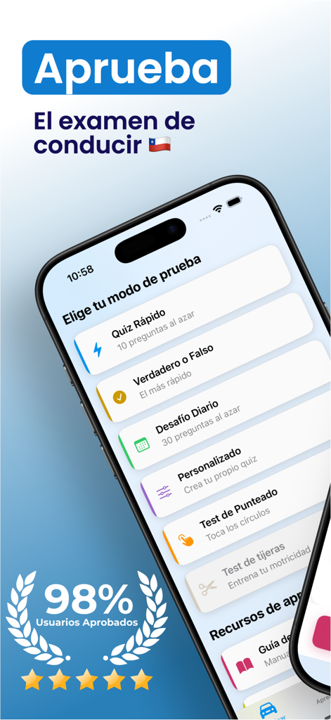 PractiCar Test Conducir Chile - Interfaz de la aplicación PractiCar que muestra diferentes modos de estudio para el examen de conducir chileno y una afirmación de tasa de aprobación del 98 por ciento