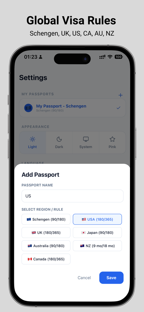 Schengen 90: Visa Calculator - Interfaz de la aplicación Schengen 90 mostrando la pantalla Añadir Pasaporte con varias opciones de reglas de visa globales