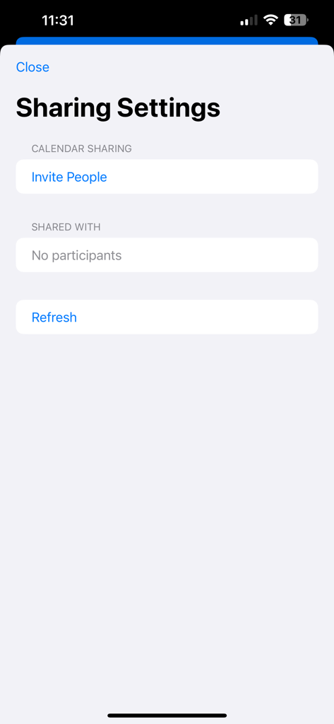 RM Daily Planner - Sharing settings screen in the RM Daily Planner app showing options to invite people and manage calendar sharing.