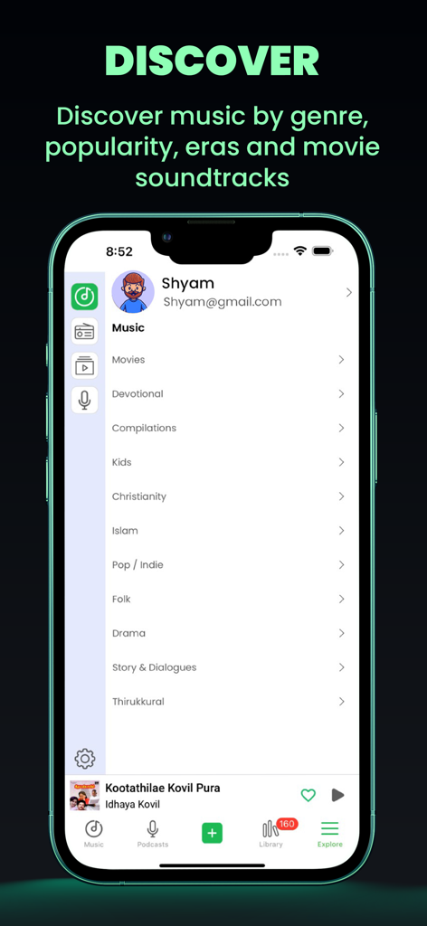 Raaga - Songs & Podcasts - Smartphone screen of Raaga app displaying diverse Indian music categories and genres for discovery
