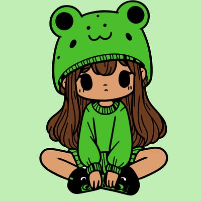 a girl wearing a frog hat and some frog socks