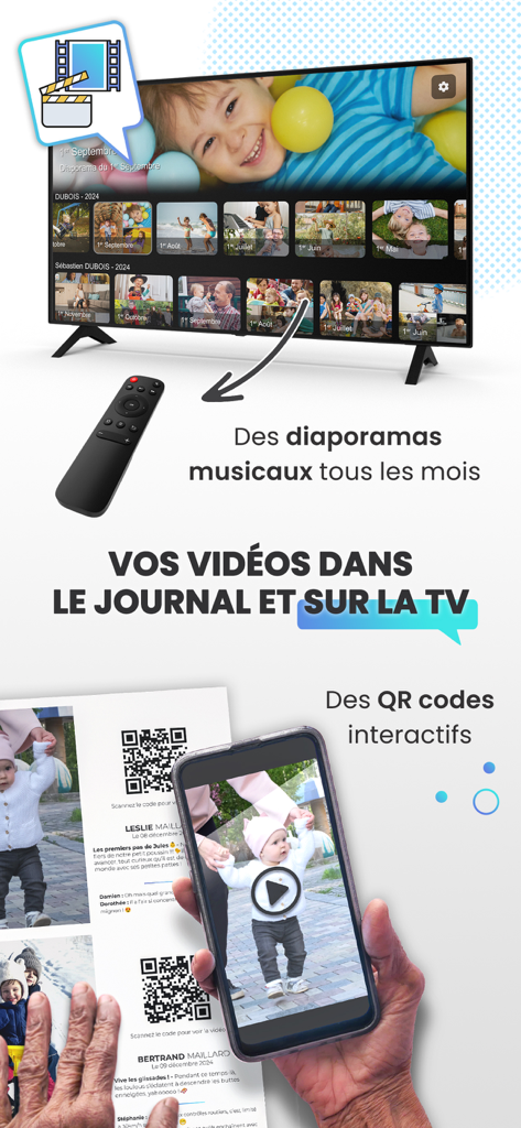 Une télévision affichant un diaporama de photos de famille et une personne scannant un code QR dans un journal imprimé pour regarder une vidéo