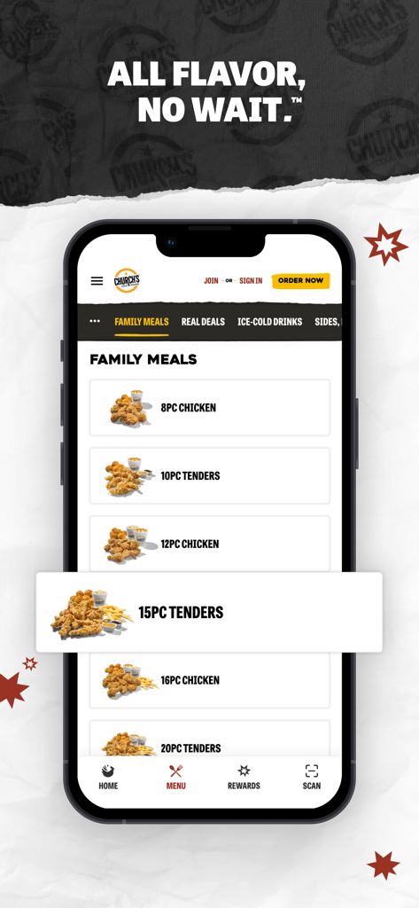 Church's Texas Chicken® - Church's Texas Chicken mobile app menu screen featuring family meal options for fried chicken and tenders.