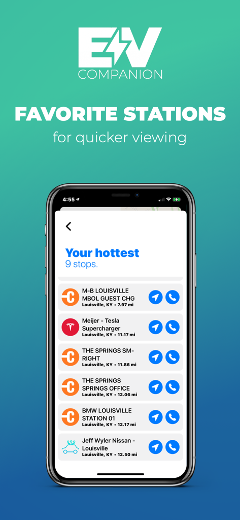 EV Companion App-Bildschirm zeigt eine Liste bevorzugter Ladestationen für Elektrofahrzeuge in Louisville