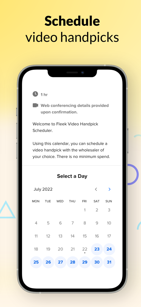 Fleek Wholesale - A screen in the Fleek Wholesale app showing a calendar for scheduling video handpick sessions with wholesalers.