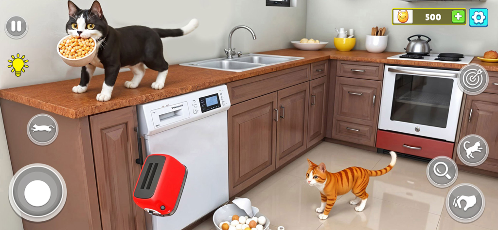 Un gato blanco y negro parado en el mostrador de la cocina con un tazón de comida en la boca mientras otro gato observa.