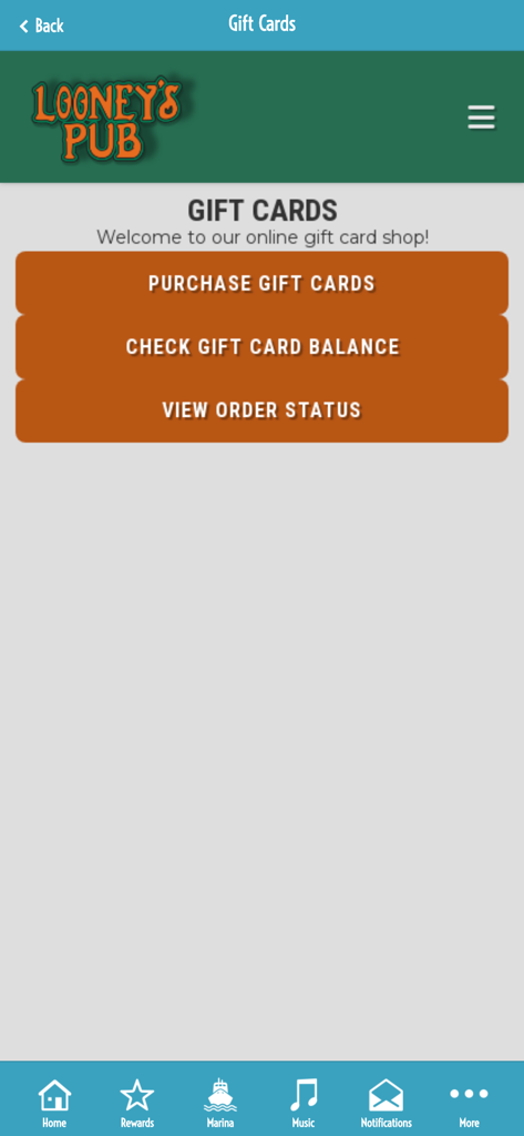 LoonAsea - LoonAsea app gift card shop screen for Looney's Pub with options to purchase, check balance, and view order status