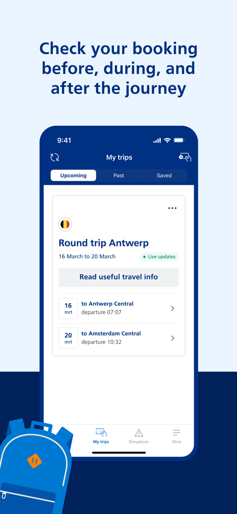 NS International - The My Trips section of the NS International app displaying a round trip booking to Antwerp.