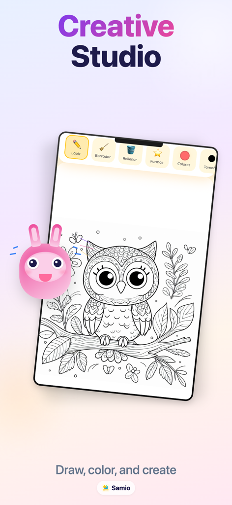 Samio Learning - Creative Studio interface in the Samio Learning app featuring an owl coloring page and digital drawing tools